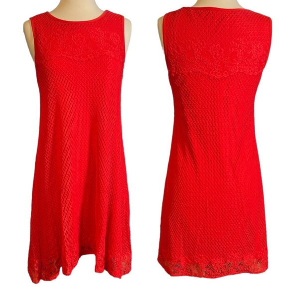 MAX STUDIO ~ Red Orange Swing Dress with Mesh Overlay ~ Size S - Picture 4 of 4